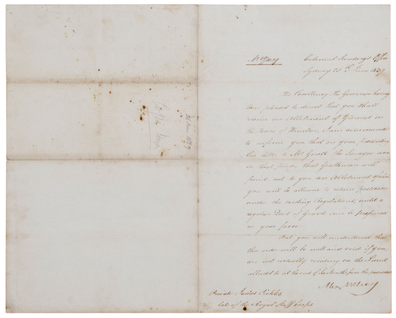 AUTOGRAPHED LETTER FROM ALEXANDER MCLEAY, COLONIAL SECRETARY, JUNE 1829 A letter signed by "Alex Mcleay" headed Colonial Secretary's Office, Sydney 26th June, 1829 addressed to Private James Pickles, late of the Royal Staff Corps. The letter confirms the