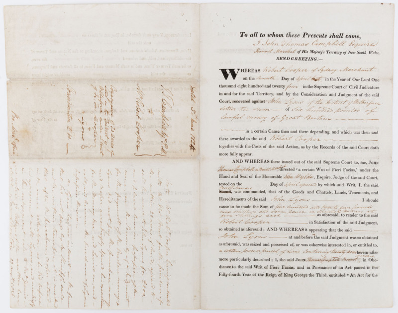 A LAND TRANSACTION IN WILBERFORCE, NSW - 1824 A conveyance of "20 Acres of Land in the District of Wilberforce under a writ of Fieri Facias" [ a writ of execution after judgment obtained in a legal action for debt or damages] by which Robert COOPER (merch