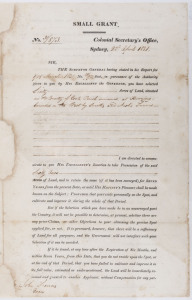ALEXANDER MCLEAY, COLONIAL SECRETARY, April 1829 A printed document, titled "SMALL GRANT" signed by "Alex Mcleay" and headed Colonial Secretary's Office, Sydney 22nd April, 1831 and addressed to John Francis Evan, confirms that Evan's request of the Gover