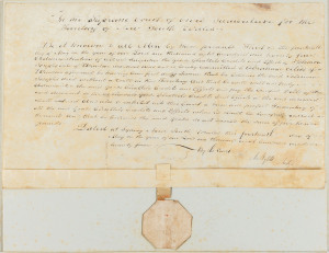 ABRAHAM ELIAS APPOINTED TO ADMINISTER THE ESTATE OF JOSEPH SOLOMON - 1824 14th May 1824 vellum document with intact seal, titled "Administration of the Goods Chattels....of Solomon Josephs late of Windsor, dec'ed - to - Abraham Elias adm'or" and signed by the judge and sealed in the Supreme Court of Civil Judicature for the Territory of New South Wales. Such a document was required when a person dies without a will in the Territory. It appears that Solomon and Elias, as fellow (former?) convict