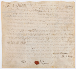 RICHARD HAYMAN - STOLE A WATCH, BEAT HIS WIFE AND MAY HAVE MURDERED HIS MOTHER-IN-LAW An indenture on vellum, formalizing the sale to Thomas Johnson for £45, of "forty-three acres of Land lying and situate in the District of Mulgrave Place, on the Banks o