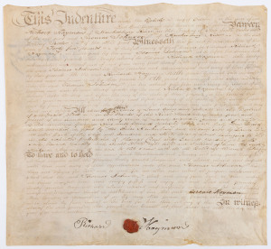 RICHARD HAYMAN - STOLE A WATCH, BEAT HIS WIFE AND MAY HAVE MURDERED HIS MOTHER-IN-LAW An indenture on vellum, formalizing the sale to Thomas Johnson for £45, of "forty-three acres of Land lying and situate in the District of Mulgrave Place, on the Banks of the River Hawkesbury being part and parcel of one hundred and thirty Acres of Land originally given and granted by His Excellency Governor King unto Edward Yardley....". Signed by all parties and with the original seal.