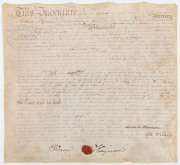 RICHARD HAYMAN - STOLE A WATCH, BEAT HIS WIFE AND MAY HAVE MURDERED HIS MOTHER-IN-LAW An indenture on vellum, formalizing the sale to Thomas Johnson for £45, of "forty-three acres of Land lying and situate in the District of Mulgrave Place, on the Banks o