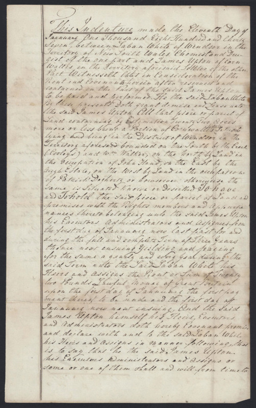 LABAN WHITE, ONE OF 160 CONVICTS TRANSPORTED ON THE ELIZA, JULY 1822 An indenture, dated January 1837 by which Laban White agrees to rent to James Upton, for a period of three years, a piece of land "by Estimation Twenty Two Acres more or less being a Por