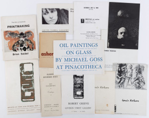 ART EXHIBITION CATALOGUES: 1947 "Melbourne Contemporary Artists" at the Athenaeum Gallery (includes Russell Drysdale's "Sofala" at 200 guineas, Purves-Smith, George Bell, Ola Cohn, Roger Kemp, etc.); 1962 "Artists of Fame and Promise Part 1" at Leveson Street Gallery (includes Ian Fairweather "Abstract" at 45 guineas, Fred Williams "Landscape" at 200 guineas, Dorothy Braund "Greek Village" at 45 guineas, John Brack "Roofs of Burwood" at 200 gunieas, etc.); Hermia Boyd 1965; etc. (12).
