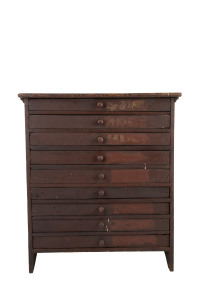 An industrial chest of nine drawers, interior painted with unusual arts and crafts motif, cedar and pine, 19th century, 94cm high, 81cm wide, 56cm deep