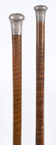 Two walking sticks, fiddleback blackwood and silver, late 19th century, 92cm and 90cm high