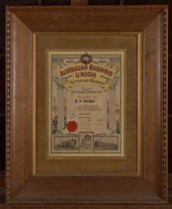 "Australian Railway Union Victorian Branch Past Officers Certificate Presented To K.T. BRIDGE In Recognition Of Services Rendered As President Of The Shunters Section, 1937", attraction colour lithograph with photolithograph inserts and red wax blind embo