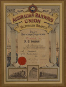 "Australian Railway Union Victorian Branch Past Officers Certificate Presented To K.T. BRIDGE In Recognition Of Services Rendered As President Of The Shunters Section, 1937", attraction colour lithograph with photolithograph inserts and red wax blind embo - 2