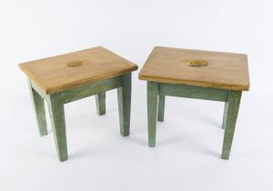 A pair of depression era stools, pine with painted finish, circa 1930s, 31cm high35cm wide, 28cm deep PROVENANCE: The Rodney Pemberton Collection
