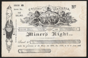 MINER'S RIGHT Colony Of Victoria five shilling issue circa 1890, unused, 14.5 x 22cm