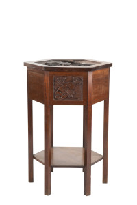 Australian Arts and Crafts hexagonal occasional table with storage lift top, carved blackwood in the style of Prenzel, circa 1910, makers ink stamp to underside (illegible), 74cm high, 44cm wide, 44cm deep