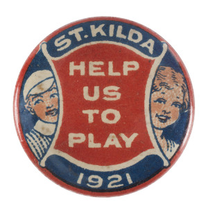 ST. KILDA: A "St Kilda - Help Us to Play - 1921" badge depicting a schoolboy and girl. This badge was probably created to raise funds for the first playground in St Kilda in 1921.