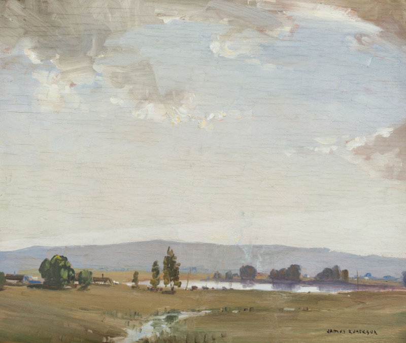 JAMES. R. JACKSON (1885-1975), Farm Scene Landscape, oil on cedar panel, signed lower right "James R. Jackson", Centenary Art Exhibition label verso, circa 1934, with additional landscape sketch in oil on reverse, 38cm x 46cm