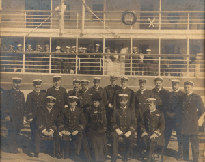 King George V and Queen Mary as Duke and Duchess of York, silver gelatin photograph of the royal couple and officers of their ship The Ophir, 6th May 1901, this image was taken during the Royal couples tour to Australia for the opening of the first Austra