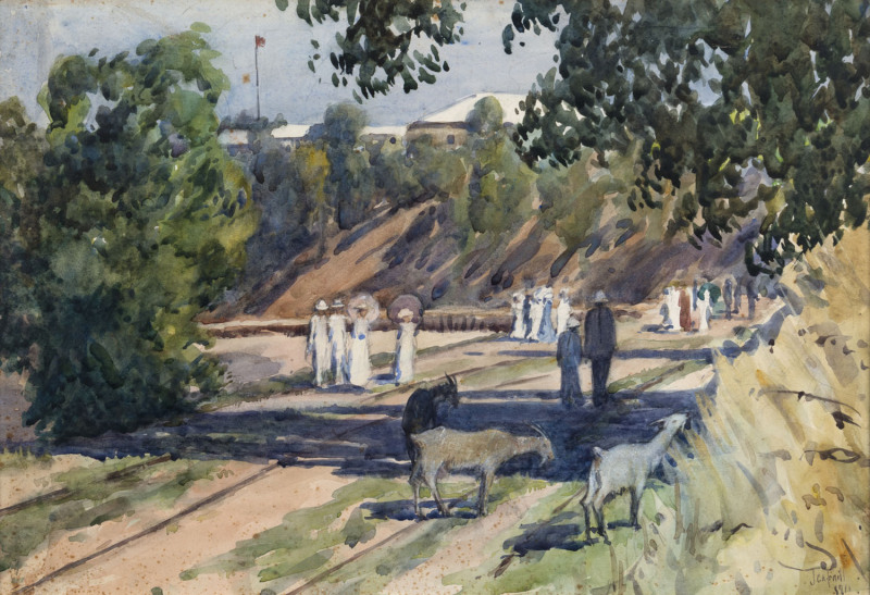JESSIE TRAIL (1881-1967), Darwin Foreshore with Government Buildings in the Background, watercolour, signed lower right "J. C. A. Trail, 1911", 33cm x 48cm PROVENANCE Mrs Cairns Officer thence by descent to her niece, Mrs V. Thompson in Launceston and no