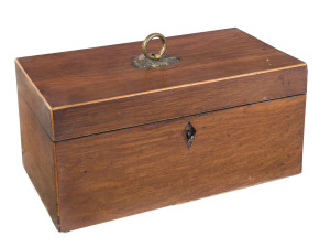 An early Colonial Australian tea caddy, casuarina beefwood with remains of a cedar escutcheon and some pine secondaries, New South Wales origin, early 19th century. 15.5cm high, 30.5cm wide, 15.5cm deep