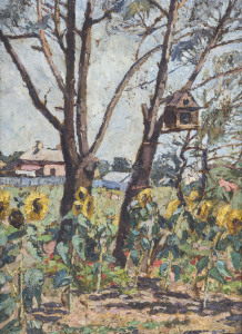 MARJORIE CAMPBELL GWYNNE (1886-1958), garden scene with birdhouse, oil on canvas, signed lower left "M. Gwynne", 34 x 25cm