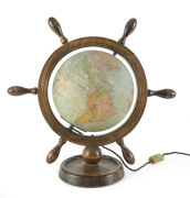 PERRINA GLOBE TERRESTRE 9 1/2 inch world globe lamp in ships wheel stand, mid 20th century, 51cm high