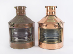 A pair of starboard and port side ship's lanterns, copper and brass, Hong Kong origin, early to mid 20th century, 47cm high