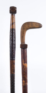 Two Australian walking sticks carved with native flora and fauna, most likely Aboriginal mission work, late 19th century, ​94cm and 87cm high