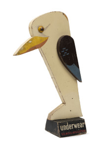 Kookaburra "Underwear 51% Wool, 49% Cotton" vintage point of sale advertising statue, hand-painted wood, circa 1935, 38cm high