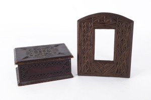 An Australian chip carved picture frame and trinket box, stained kauri pine, late 19th century, (2 items). the frame 24 x 20.5cm