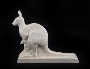 SPODE English Art Deco porcelain statue of a kangaroo and joey, circa 1930s, stamped "Spode Velamour", 27cm high, 31cm wide