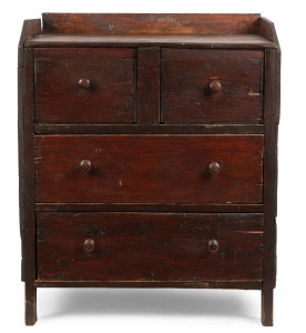 A primitive Australian chest of drawers, pine and packing case construction with original crackle finish, circa 1860s, ​122cm high, 102cm wide, 62cm deep