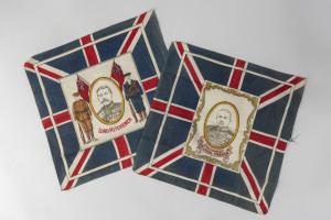 Two WW1 period patriotic handkerchiefs showing portraits of LORD KITCHENER and Field Marshal SIR JOHN FRENCH on Union Jack backgrounds, circa 1915, ​32 x31cm