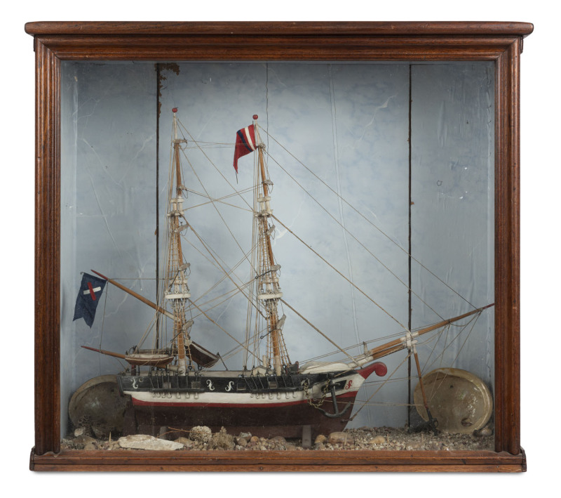 An antique model tallship with two masts in Australian cedar and pine cabinet, signed "C.W. 1879" on the top, 76cm high, 84cm wide, 31cm deep