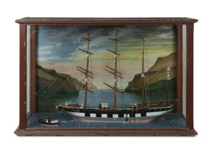"GLENGARRY" model three mast ship in case with hand-painted Scottish scene diorama, 19th century, ​76cm high, 117cm wide, 49cm deep