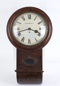 THOMAS GAUNT fusee wall clock with Roman numerals and brass inlaid case, dial marked "T. GAUNT & Co.", circa 1860s, 76cm high