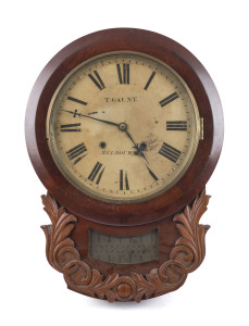 THOMAS GAUNT drop dial wall clock with Roman numerals and Australian cedar case, dial marked "T. GAUNT, MELBOURNE", circa 1860, 58cm high