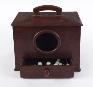 An Australian cedar ballot box with black and white marbles, 19th century, 27cm high, 27cm wide, 17cm deep