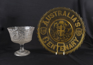 "AUSTRALIA'S CENTENARY, 1888", pressed amber glass plate with coat of arms; together with a clear glass parfait dish with same motif, ​the plate 25cm diameter
