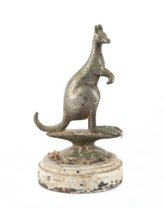 A kangaroo car mascot, chrome finished cast metal on turned wooden plinth, circa 1930, 14.5cm overall