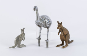 An emu car mascot and two cast metal kangaroo statues, early to mid 20th century, (3 items). the emu 13cm high