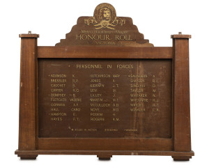 "METRO GOLDWYN MEYER, VICTORIA" WW2 period honour roll showing a list of 28 names and their war status being killed in action, wounded or missing in action. Tasmanian blackwood frame with gilt lettering on masonite board. 104 x 113cm