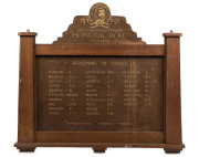 "METRO GOLDWYN MEYER, VICTORIA" WW2 period honour roll showing a list of 28 names and their war status being killed in action, wounded or missing in action. Tasmanian blackwood frame with gilt lettering on masonite board. 104 x 113cm