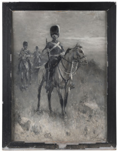 1902 framed monotone painting of a Boer War scene showing Scots Guards on patrol (40x55cm), signed HW Koekkoek at lower right.