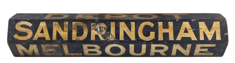 MELBOURNE TRAMS rare and early destination roll made from a solid hexagonal block of timber, "SANDRINGHAM, MELBOURNE, ROYAL AVENUE, BLACK ROCK, DEPOT", circa 1900, ​94cm wide