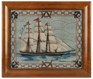 An Australian woolwork tapestry of a three masted tallship, 19th century, housed in a birdseye maple frame, ​40 x 50cm