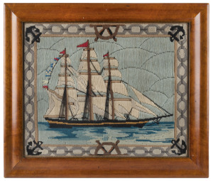 An Australian woolwork tapestry of a three masted tallship, 19th century, housed in a birdseye maple frame, 40 x 50cm