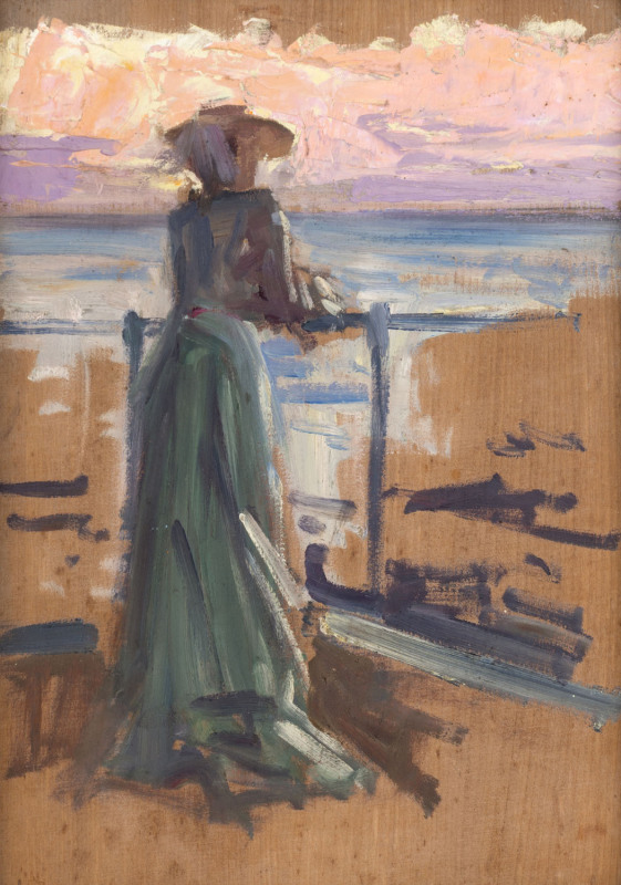 ALBERT HENRY FULLWOOD (1863-1930), On The Esplanade At Sunset, (circa 1895), oil on timber panel, Joseph Brown Gallery label verso Cat. No. 4. ​from the collection the artist's son Geoffrey Barr Fullwood with his certifying signature. 35 x 25cm