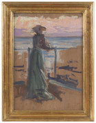 ALBERT HENRY FULLWOOD (1863-1930), On The Esplanade At Sunset, (circa 1895), oil on timber panel, Joseph Brown Gallery label verso Cat. No. 4. ​from the collection the artist's son Geoffrey Barr Fullwood with his certifying signature. 35 x 25cm - 2