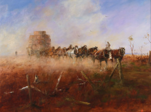 HUGH DAVID SAWREY (1919-1999), McConachies Ten Horse Team North Queensland, oil on canvas, signed lower right "Sawrey", original gilt framing with title plaque, 76 x 102cm