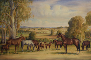 TREVOR H. CLARE (Australia, working 1950s), track work and horses, watercolour, signed lower left "T.H. Clare", ​100 x 150cm