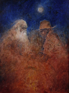 BRIAN V. NUNAN (1932 - ), stockman with spirit figure, oil on canvas, signed lower right "B.V. Nunan", ​101 x 75cm