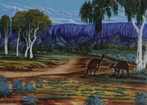 GABRIELLA WALLACE (1945 - ), kangaroos in landscape, watercolour and gouache, signed lower left "Gabriella Wallace", 53 x 74cm